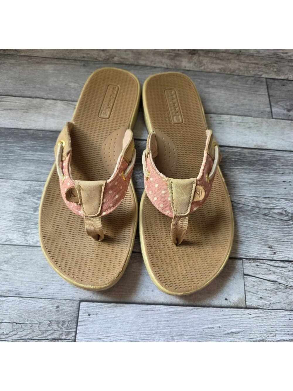 Sperry Womens Polka Dot Thong Sandals Beige Pink Casual Slip-On Size 8